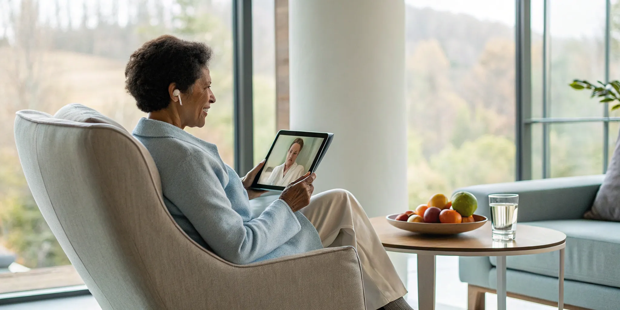 Woman using tablet for online weight management.