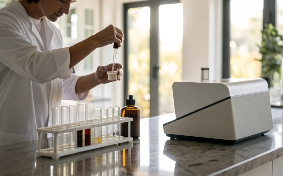 At-home hormone lab test kit with supplies.