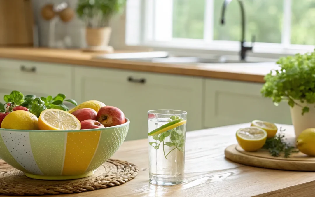 Best perimenopause diet: fresh fruit, greens, and lemon water.