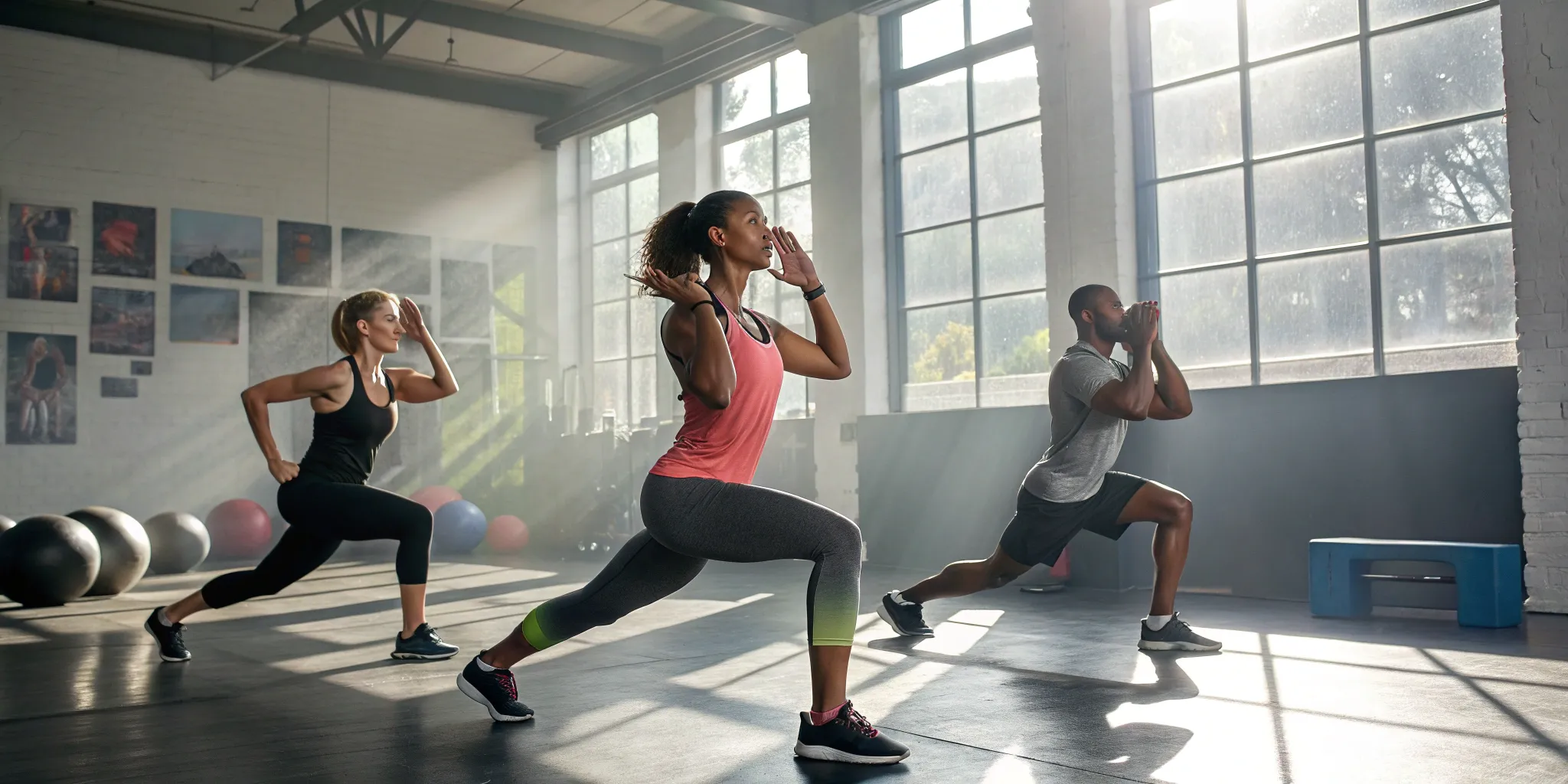 Group fitness class participants working out together in a sunlit gym.