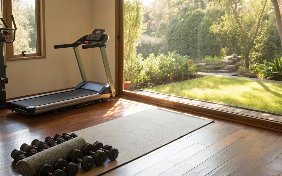 Personal trainer equipment: treadmill, exercise bike, dumbbells, and yoga mat.