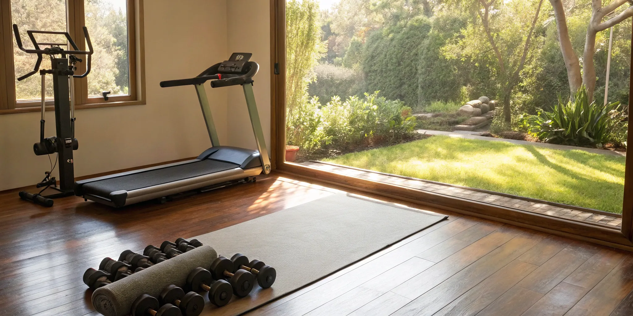 Personal trainer equipment: treadmill, exercise bike, dumbbells, and yoga mat.