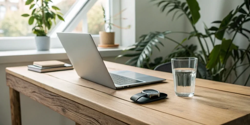 Laptop, water, notebooks, and plants on desk.