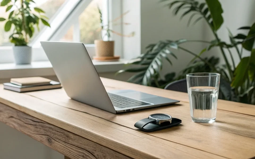 Laptop, water, notebooks, and plants on desk.