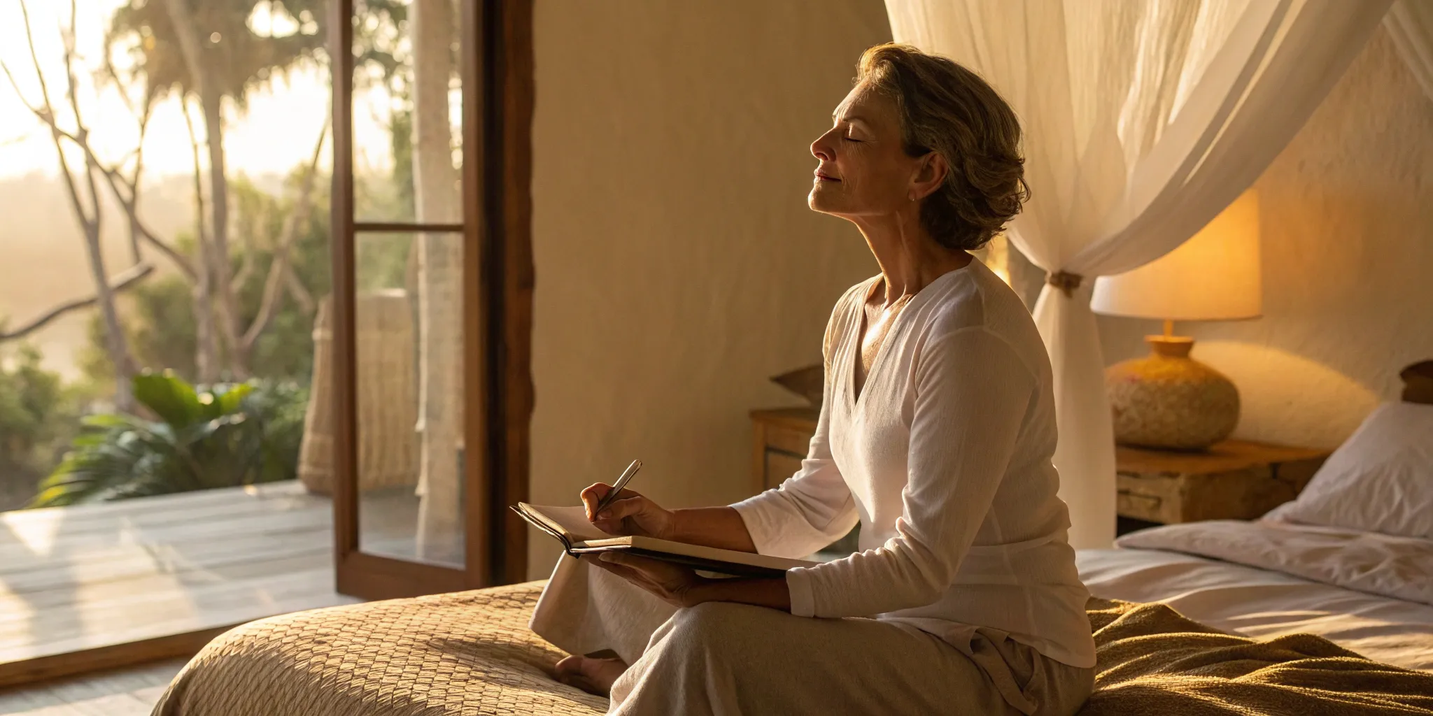 Woman journaling for self-care during menopause.