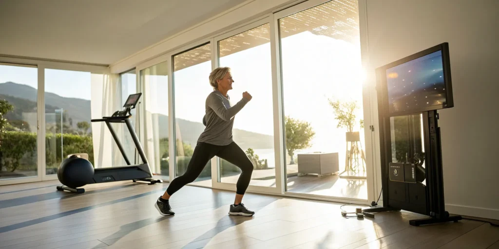 Online health coach guides woman's home workout.