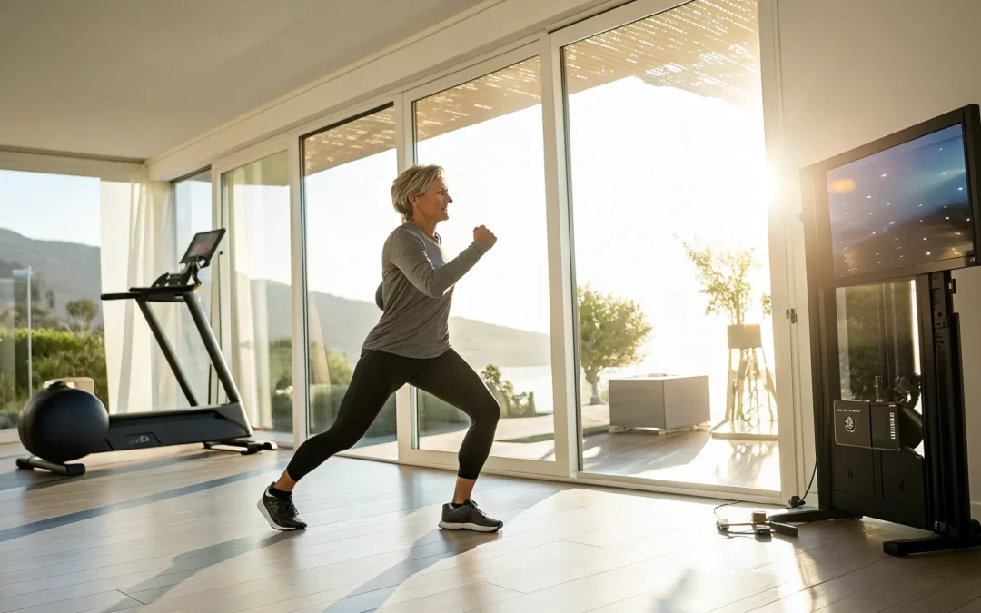 Online health coach guides woman's home workout.