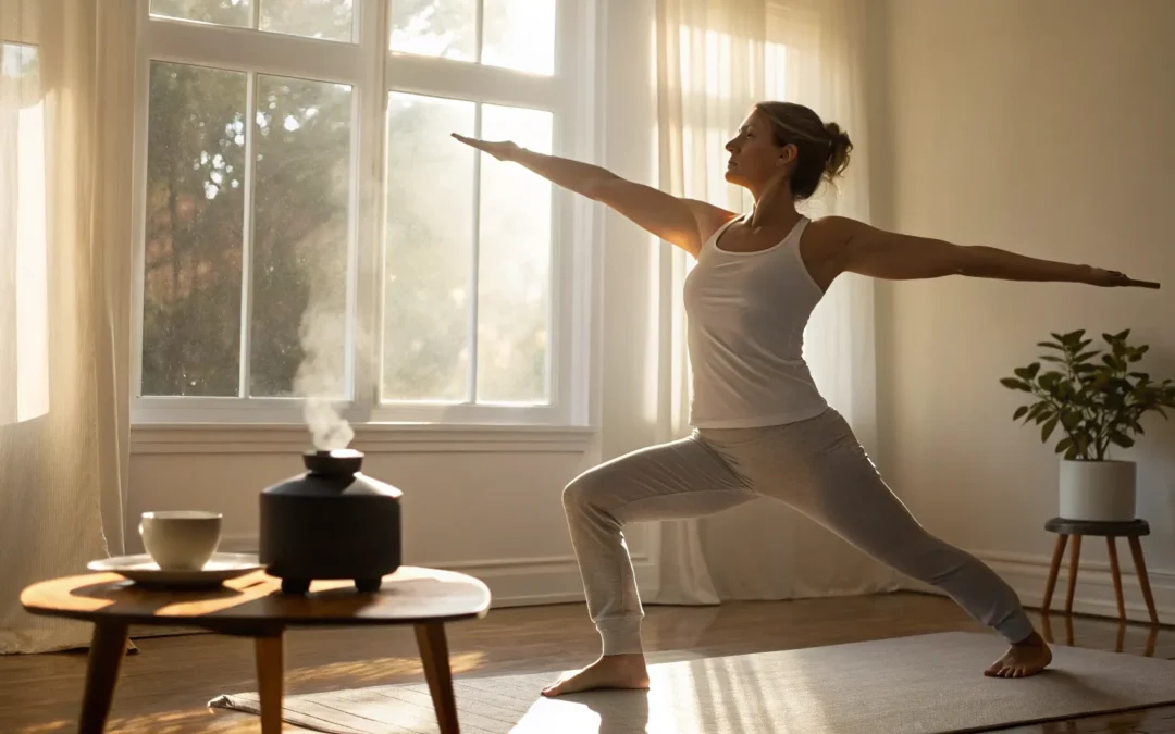 Woman doing yoga for perimenopause wellness.