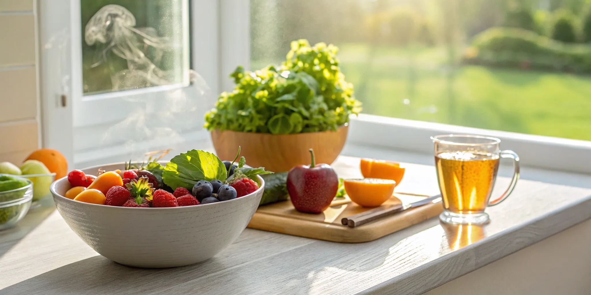 Nourishing perimenopause diet with fruits, greens, and tea.