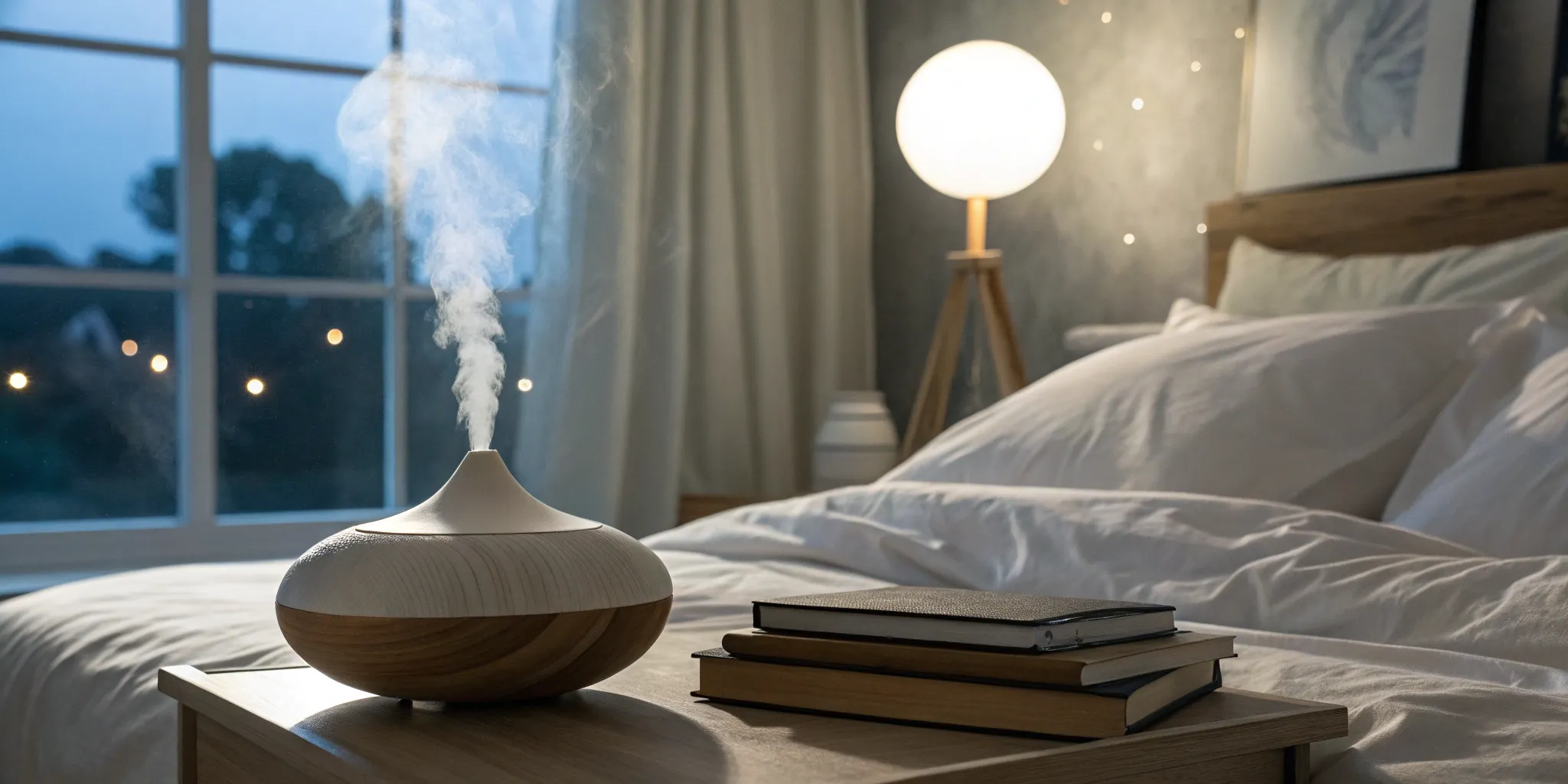 Nightstand with aromatherapy diffuser for perimenopause insomnia relief.