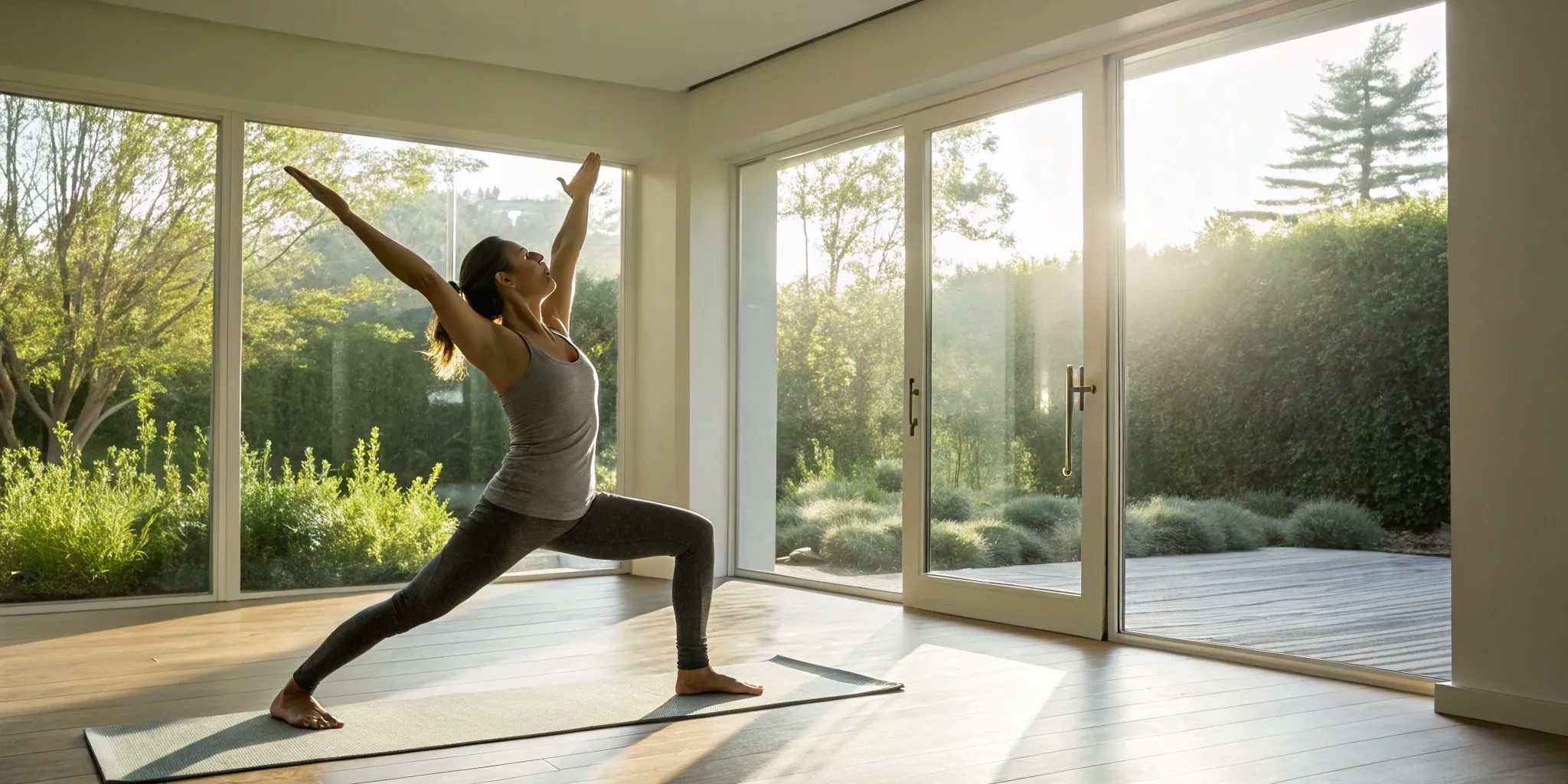 Sunlit yoga pose. Perimenopause strength and energy workouts.