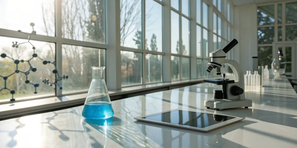 Methylene blue solution in a lab flask with microscope and tablet.