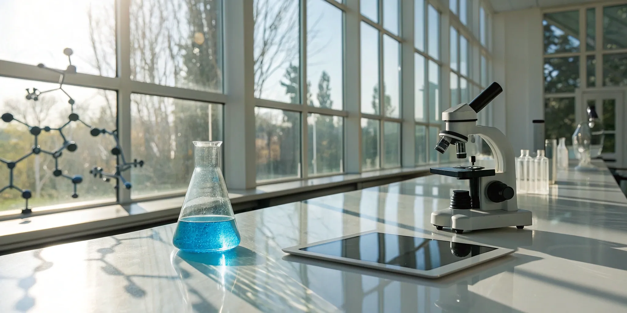 Methylene blue solution in a lab flask with microscope and tablet.