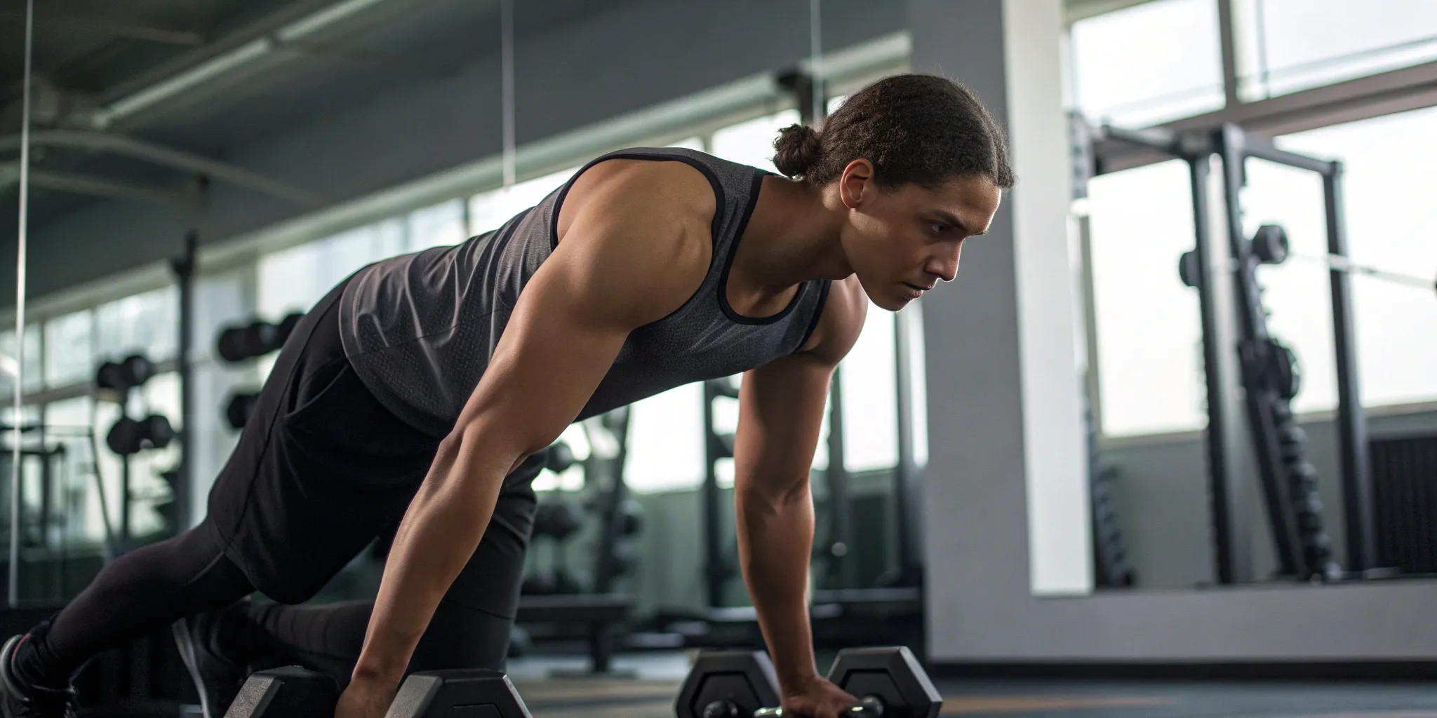 Bodybuilder performs dumbbell row with focused expression.