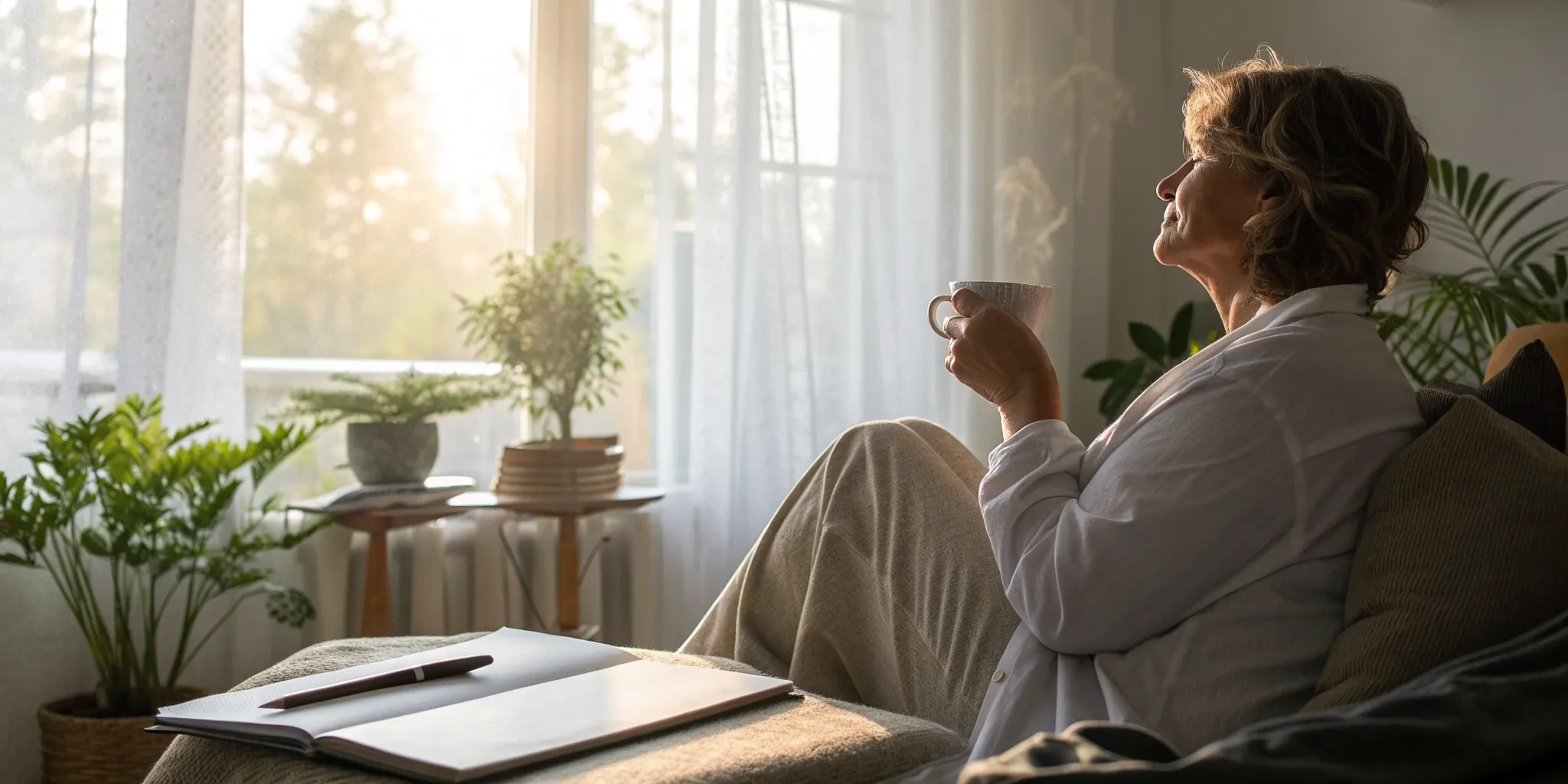 A woman finding relief from depression with hormone replacement therapy.