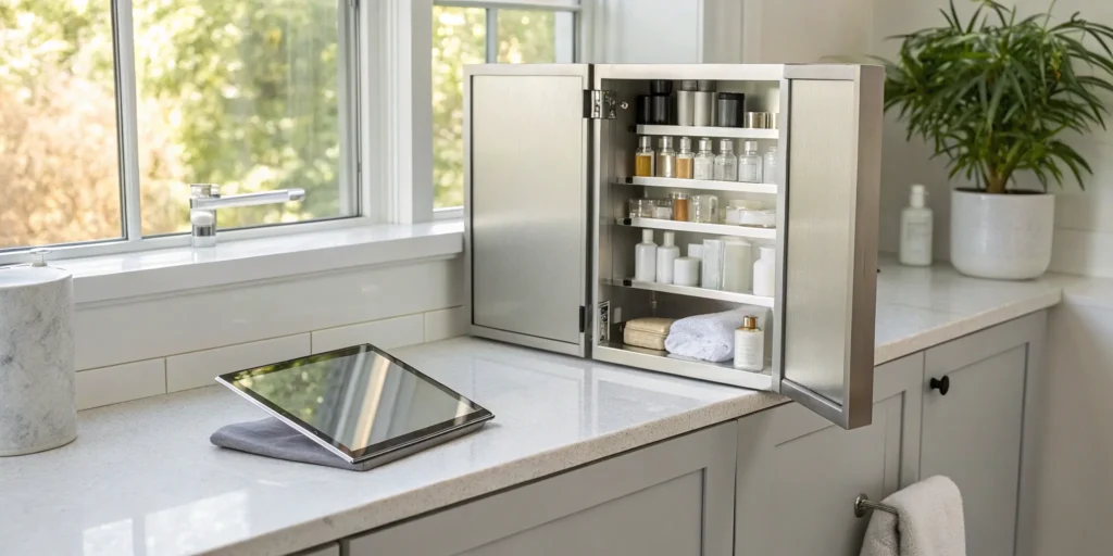 Prescription TRT cream from an online provider stored in a bathroom medicine cabinet.