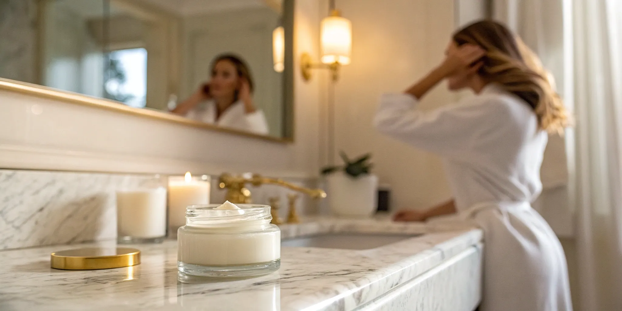A woman's testosterone cream on a bathroom counter.