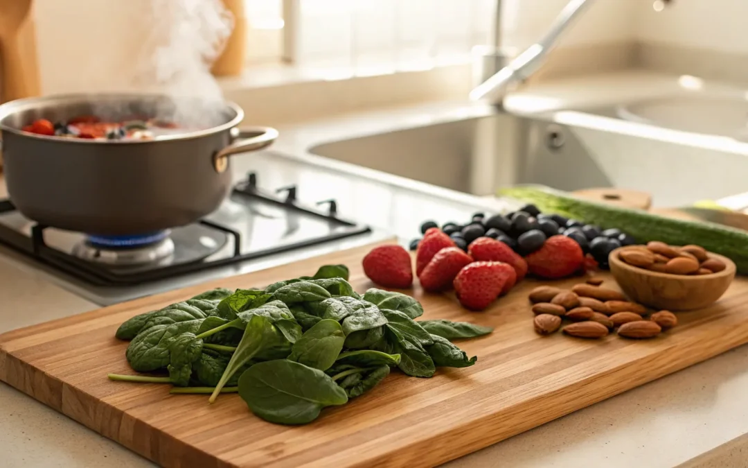 Spinach, berries, and nuts on a cutting board for a healthy menopause diet.