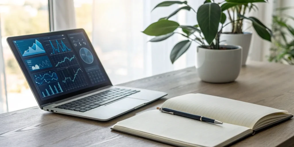Laptop with financial charts and a notebook for budgeting the monthly TRT cost.