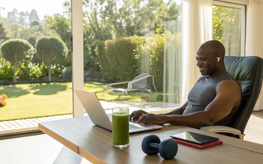 Man focused on his laptop, planning his high-performance upgrade for midlife.