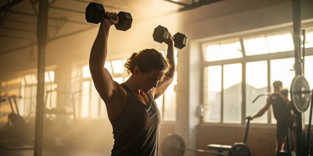 A woman lifts dumbbells as part of a personalized plan from her fitness coach.