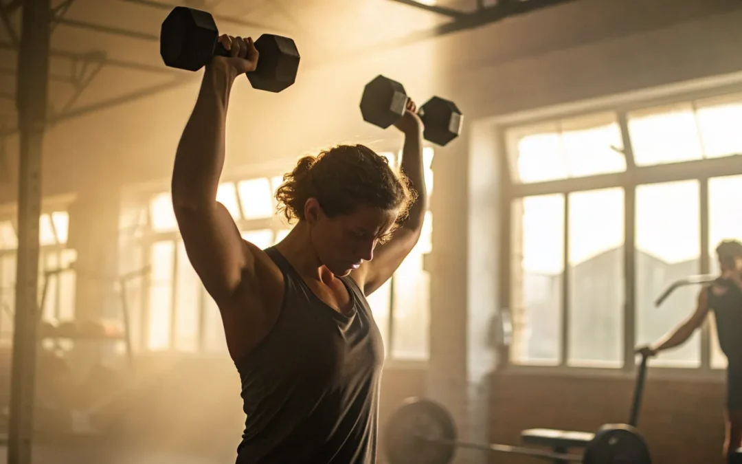 A woman lifts dumbbells as part of a personalized plan from her fitness coach.