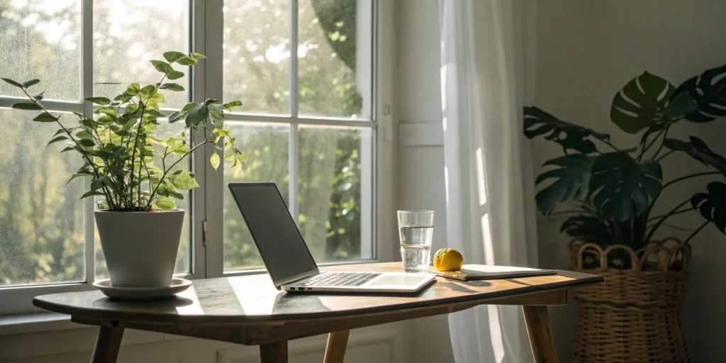 Laptop on a desk prepared for a virtual health coaching session to define personal wellness goals.