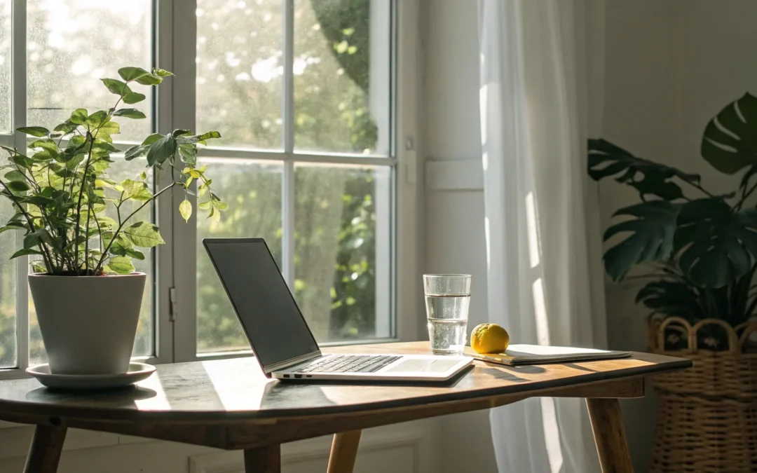 Laptop on a desk prepared for a virtual health coaching session to define personal wellness goals.