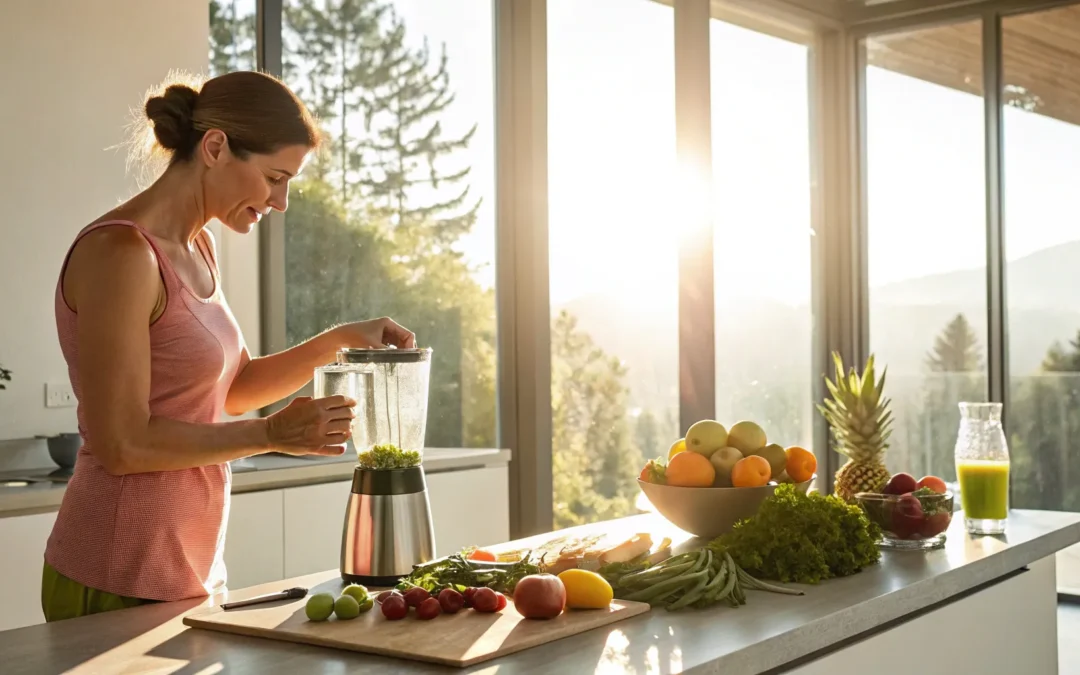 Woman making a healthy smoothie to manage weight gain during perimenopause.