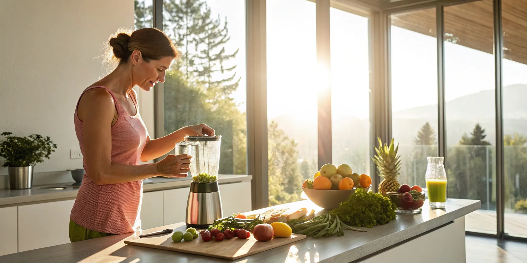 Woman making a healthy smoothie to manage weight gain during perimenopause.