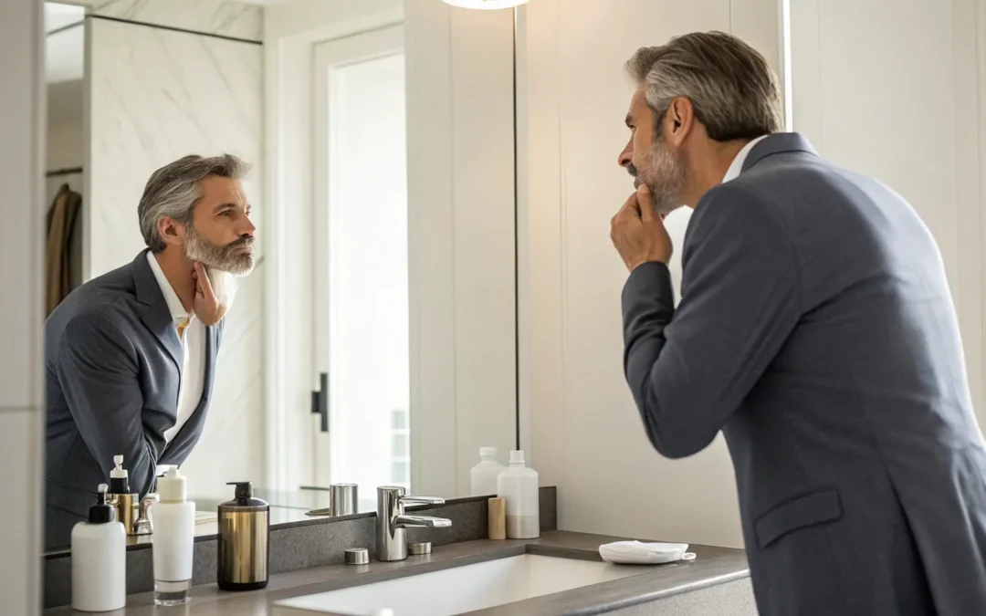 Man in a suit examining his face in a mirror, considering how to get testosterone online.
