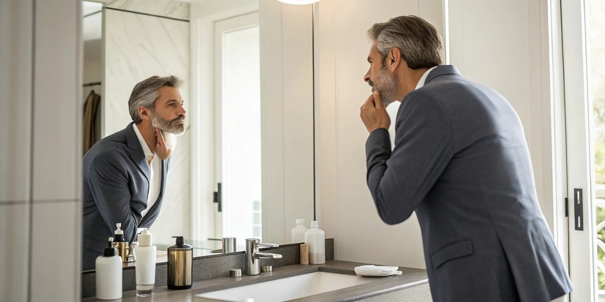 Man in a suit examining his face in a mirror, considering how to get testosterone online.