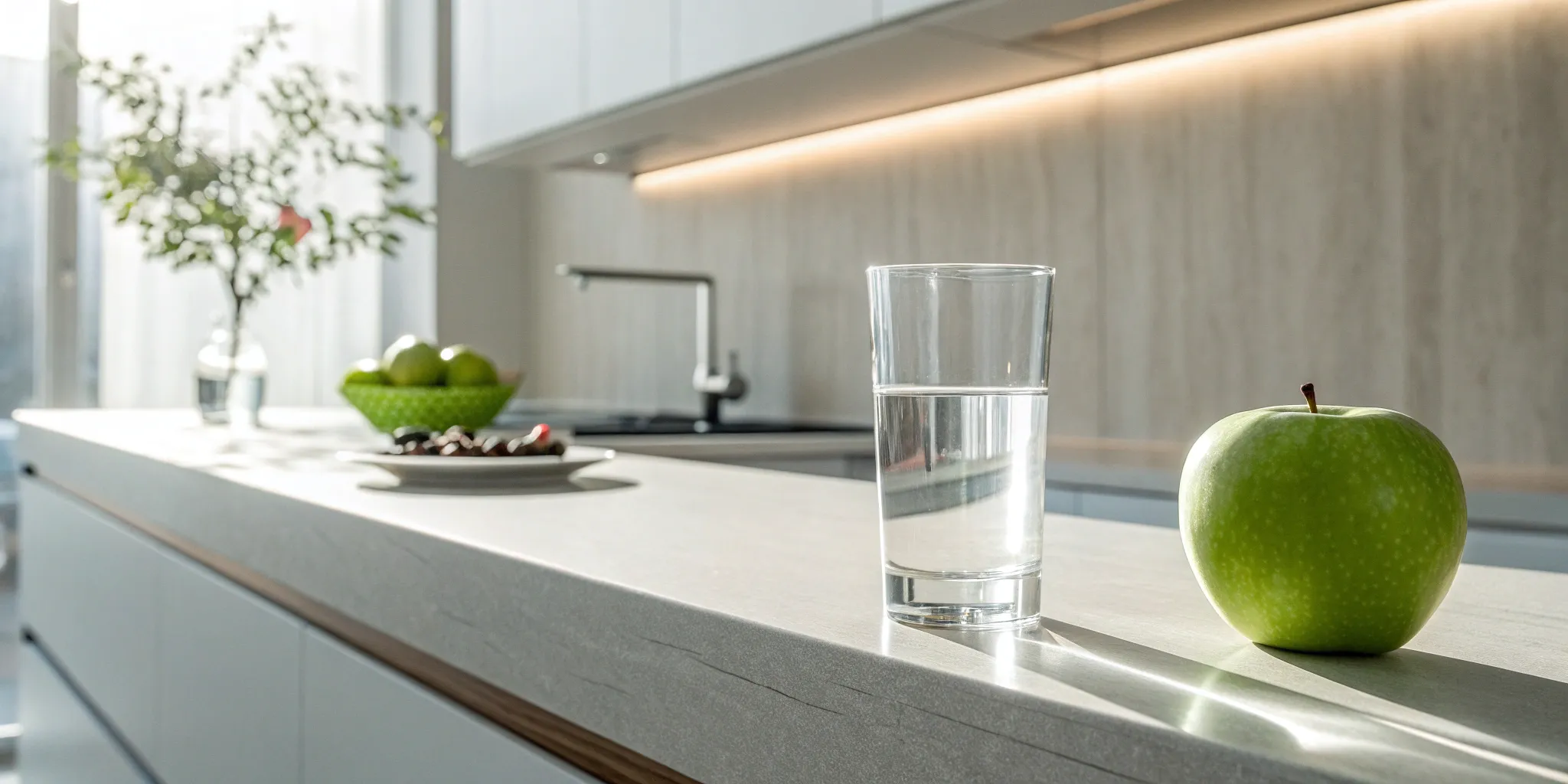 An apple and water on a counter, a guide to the cheapest online weight loss medication.