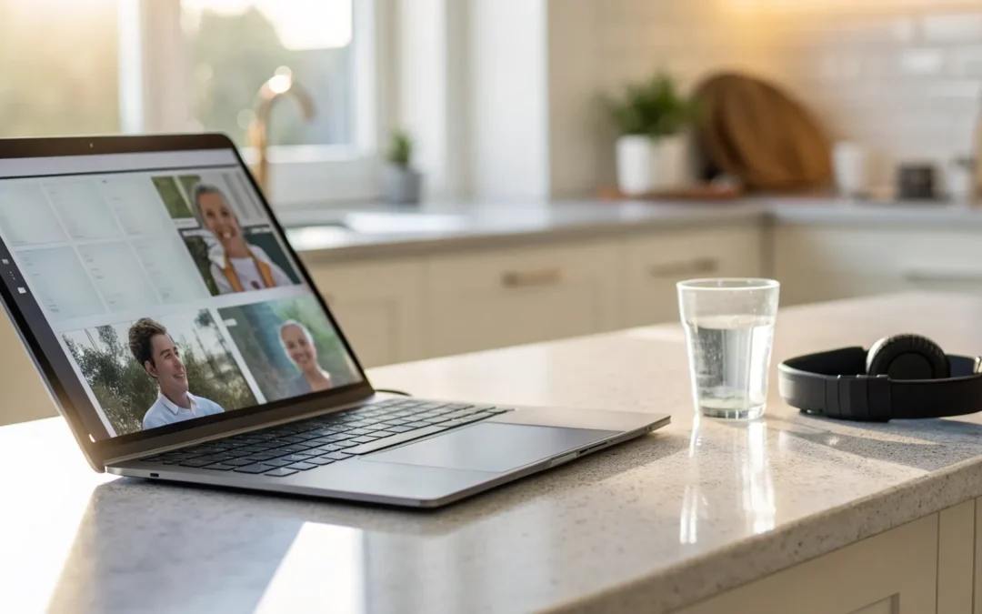 Laptop with telehealth video call for a free online weight loss prescription with insurance.