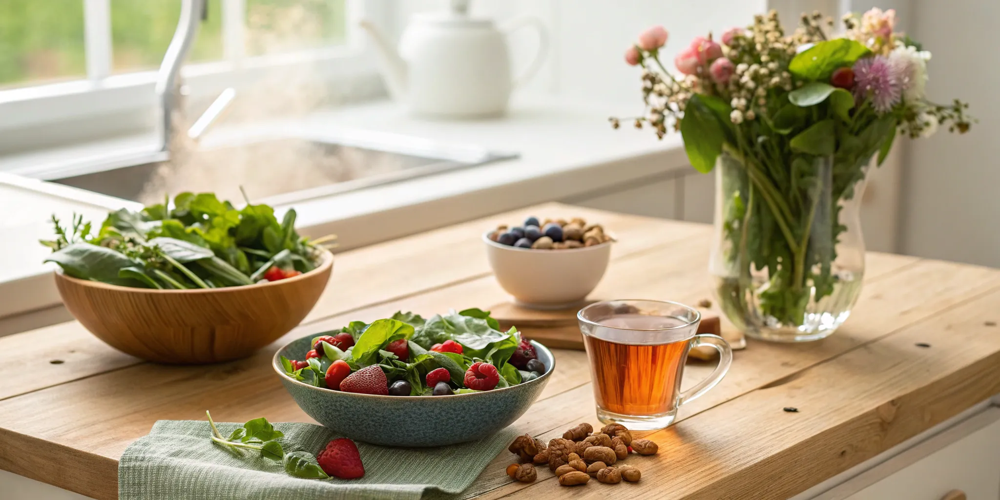 A nutrient-rich salad and herbal tea, a healthy meal for perimenopause nutrition.