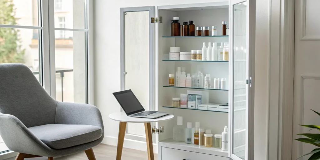Testosterone medication from an online pharmacy sits on a desk next to a laptop.