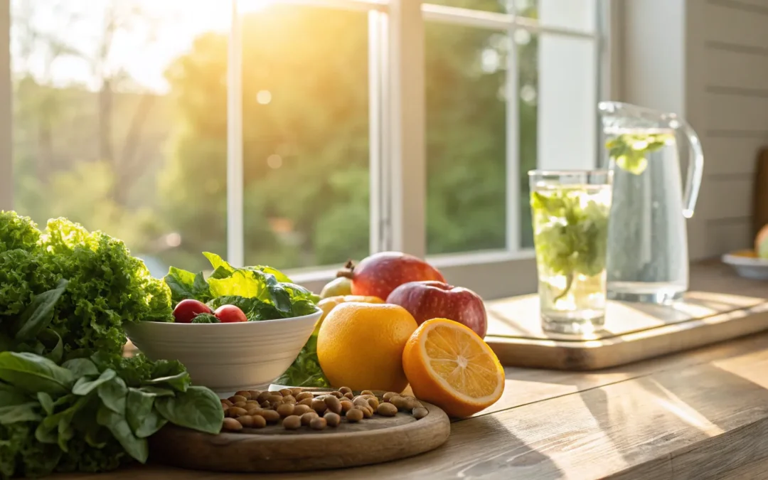 A colorful spread of healthy foods for a menopause nutrition plan.