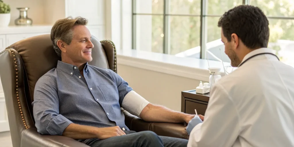 Man getting a testosterone shot from a doctor, one of the safe places to get TRT.