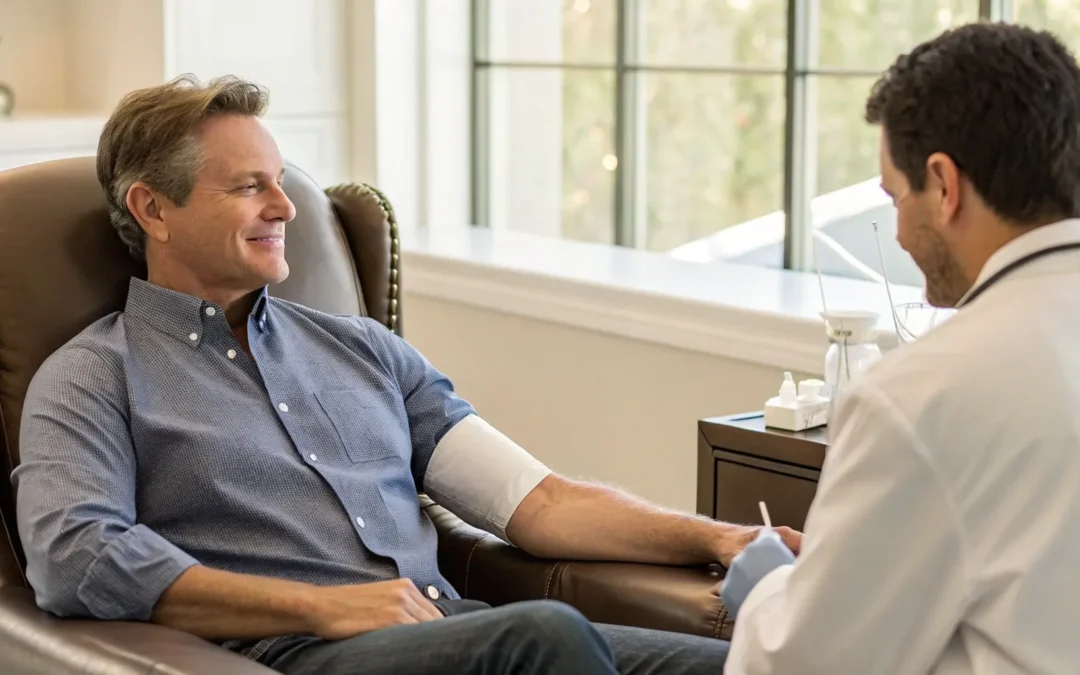 Man getting a testosterone shot from a doctor, one of the safe places to get TRT.
