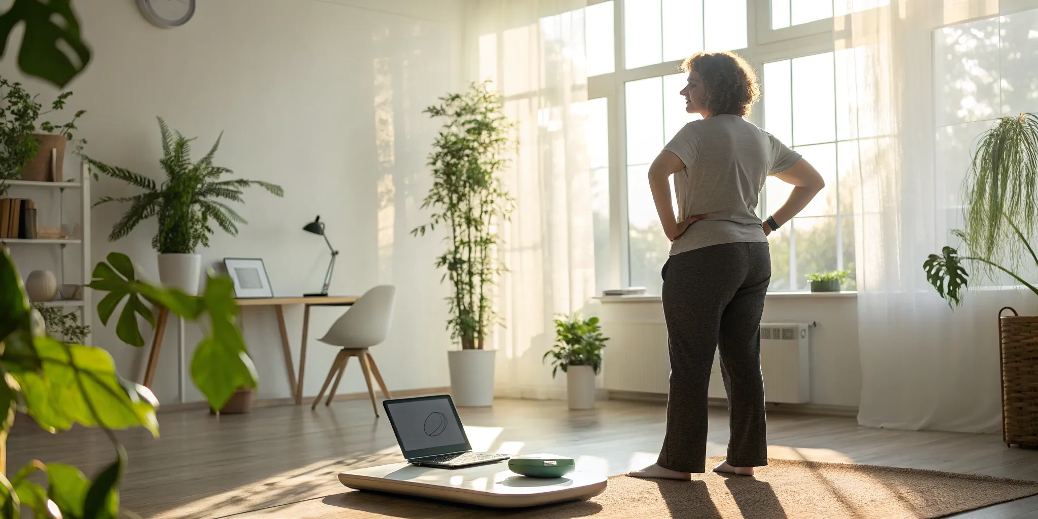 A professional woman using her laptop to track progress with an online weight management program.
