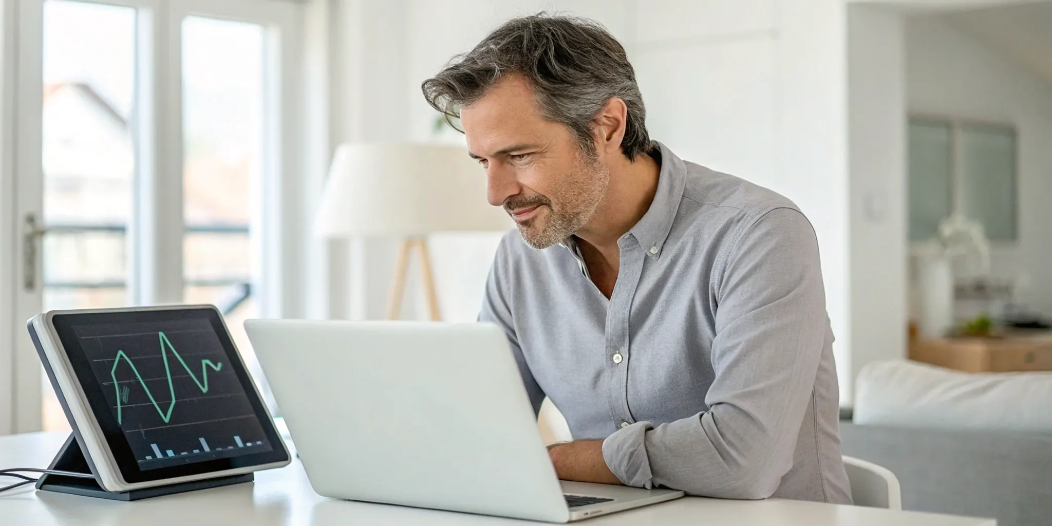 Man on laptop researching the safe process to get TRT online.