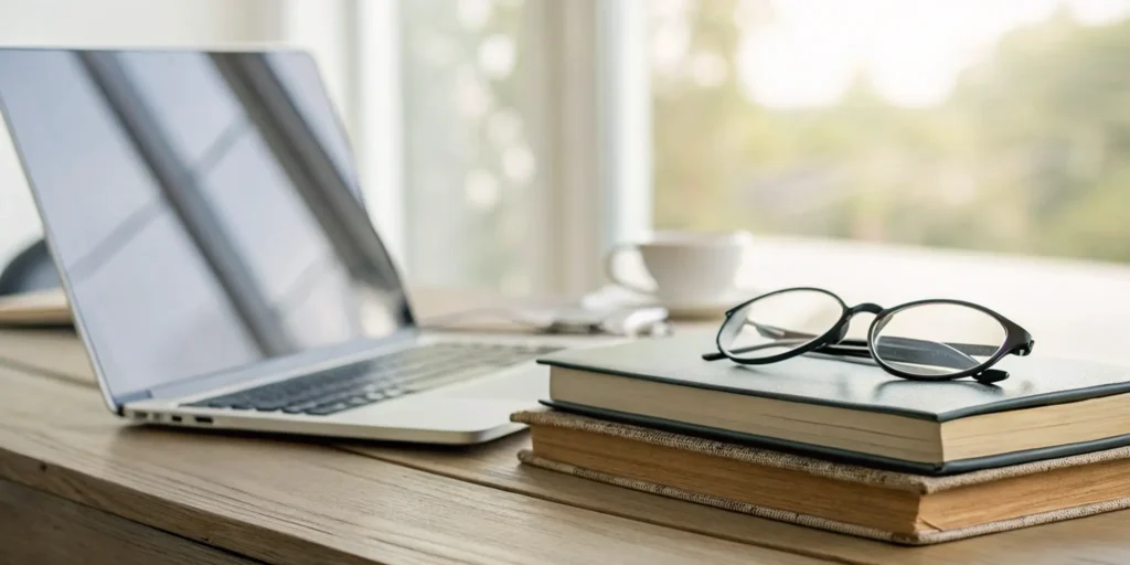 Desk with a laptop for a telehealth consultation to safely buy TRT online.