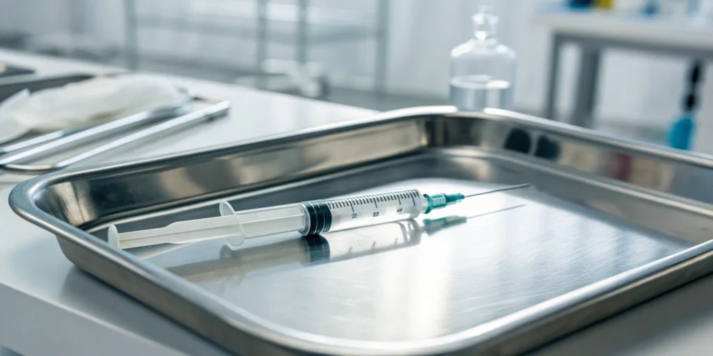 A prescribed dose of injectable testosterone, part of a safe treatment plan.