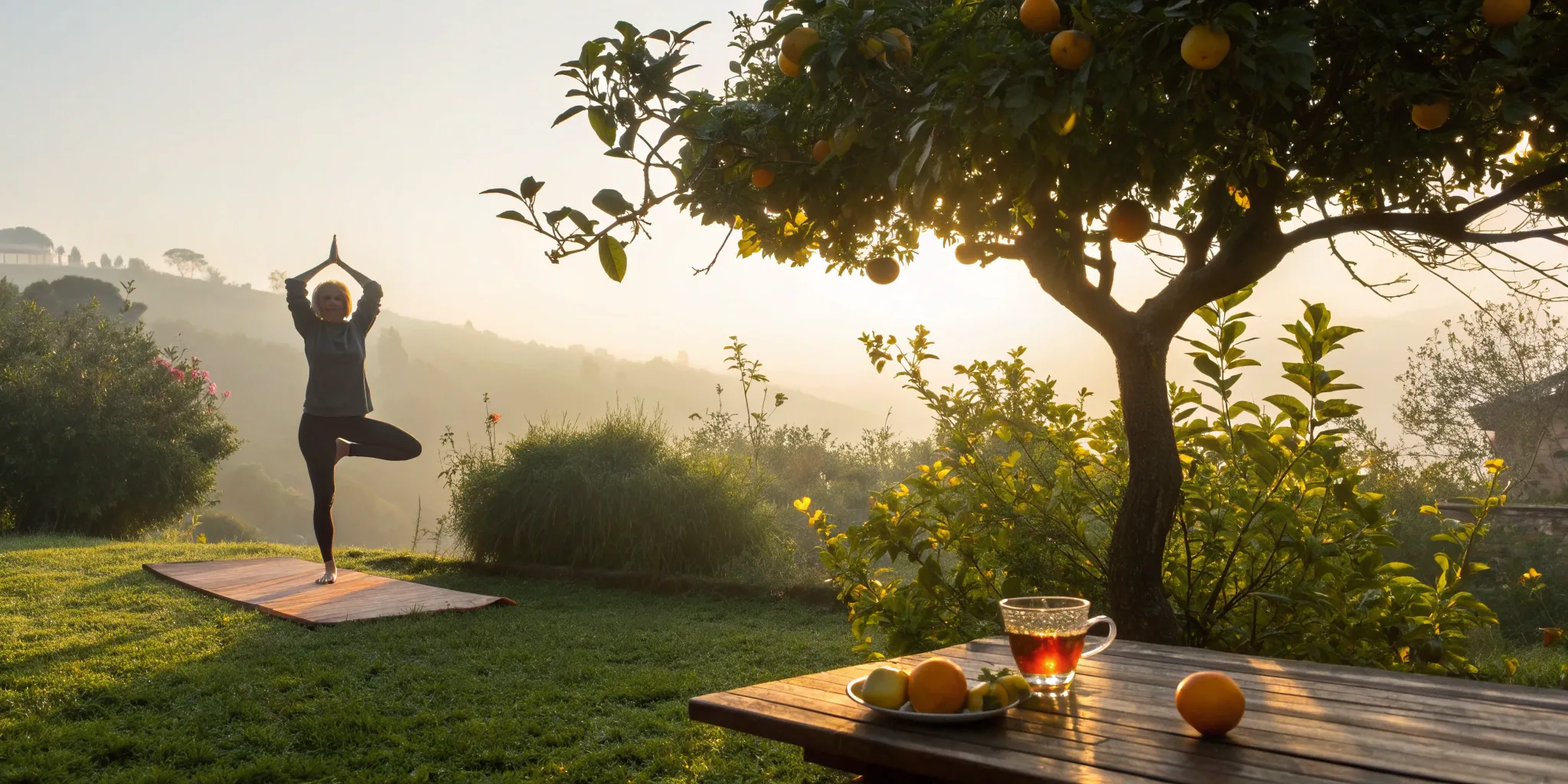 Woman improving insulin sensitivity naturally with sunrise yoga and a healthy diet.