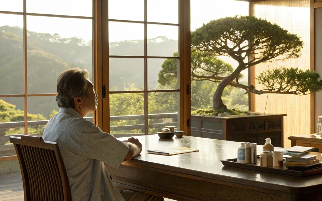 Man at a desk researching low cost TRT options and balancing price with quality.