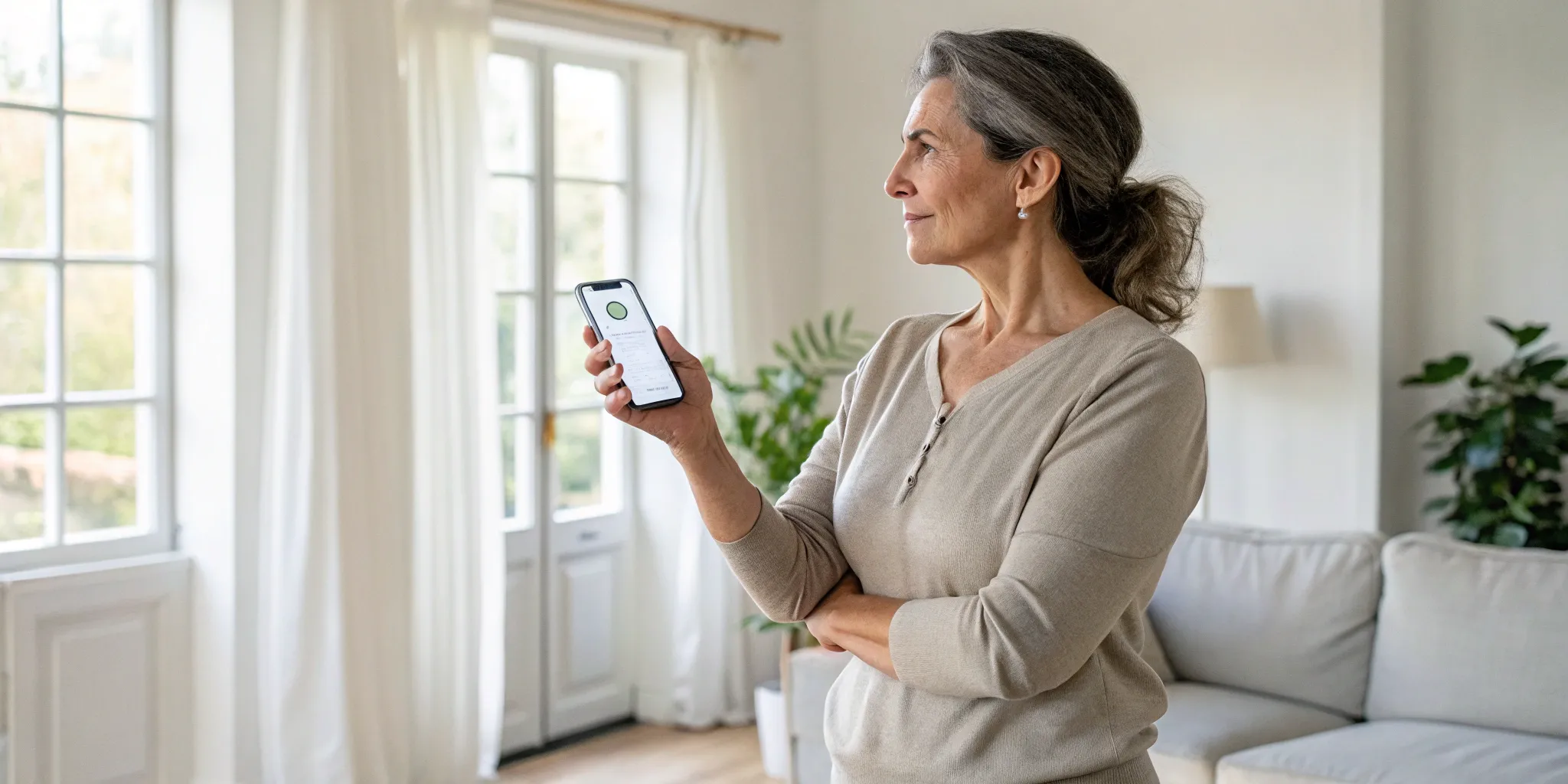Woman using a smartphone for online testosterone therapy.