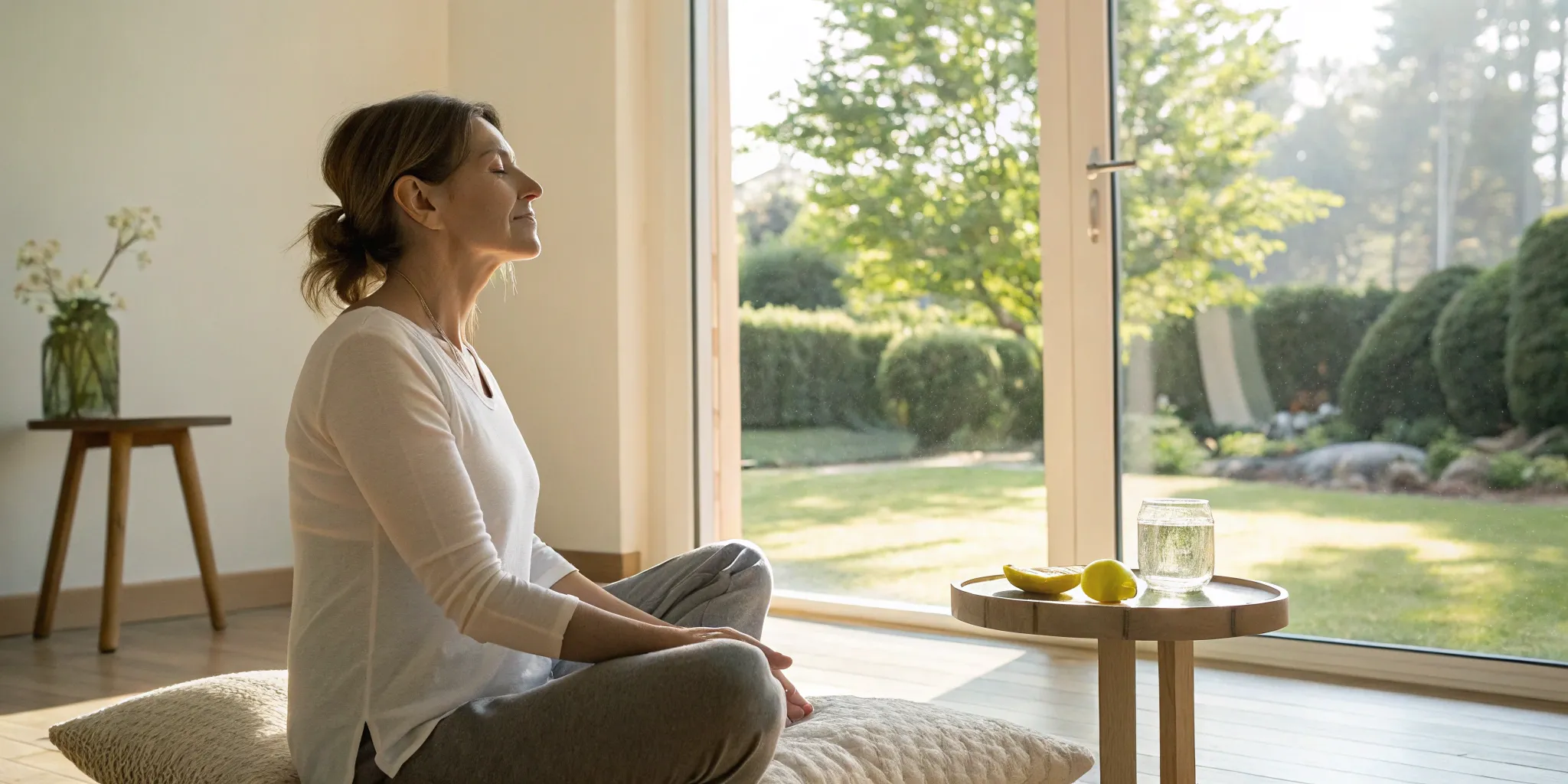 Woman practicing mindfulness to navigate the differences between perimenopause vs menopause.