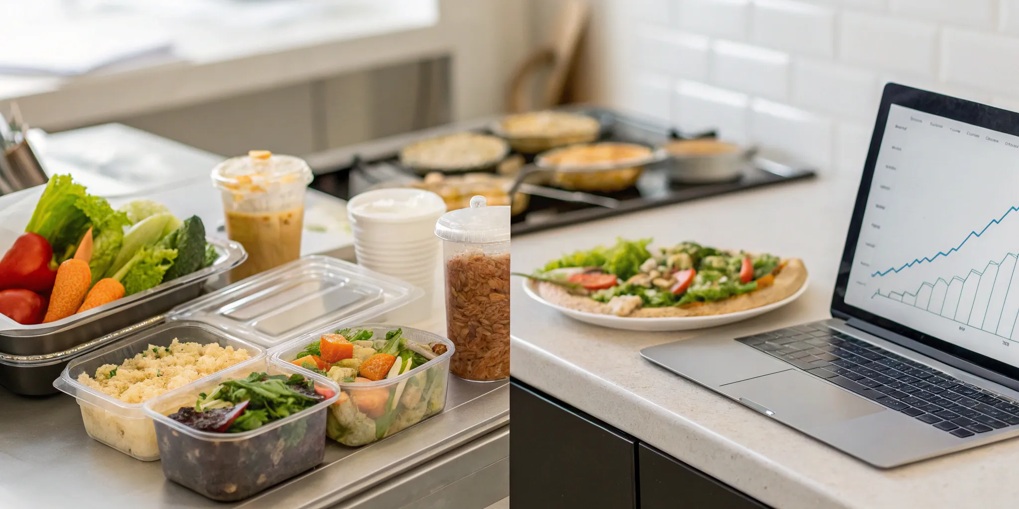 A laptop showing progress for the cheapest online weight loss program next to healthy meal prep.