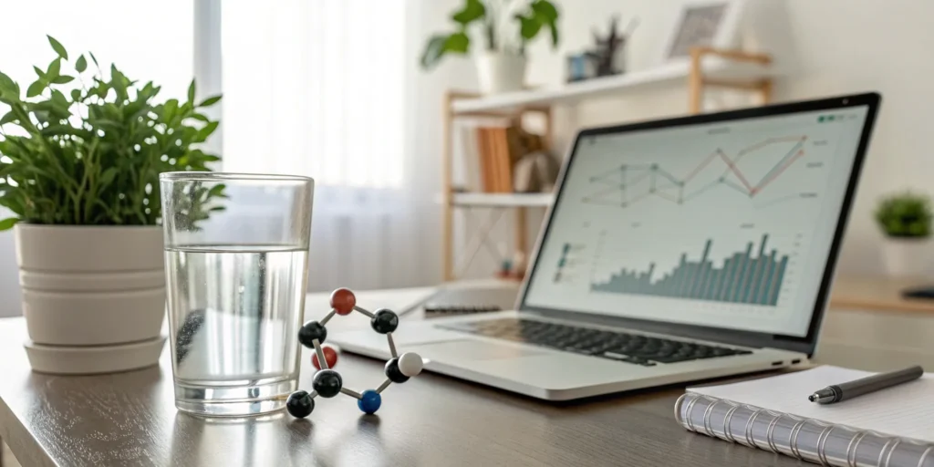 Laptop with charts and a molecular model for ordering testosterone online safely.