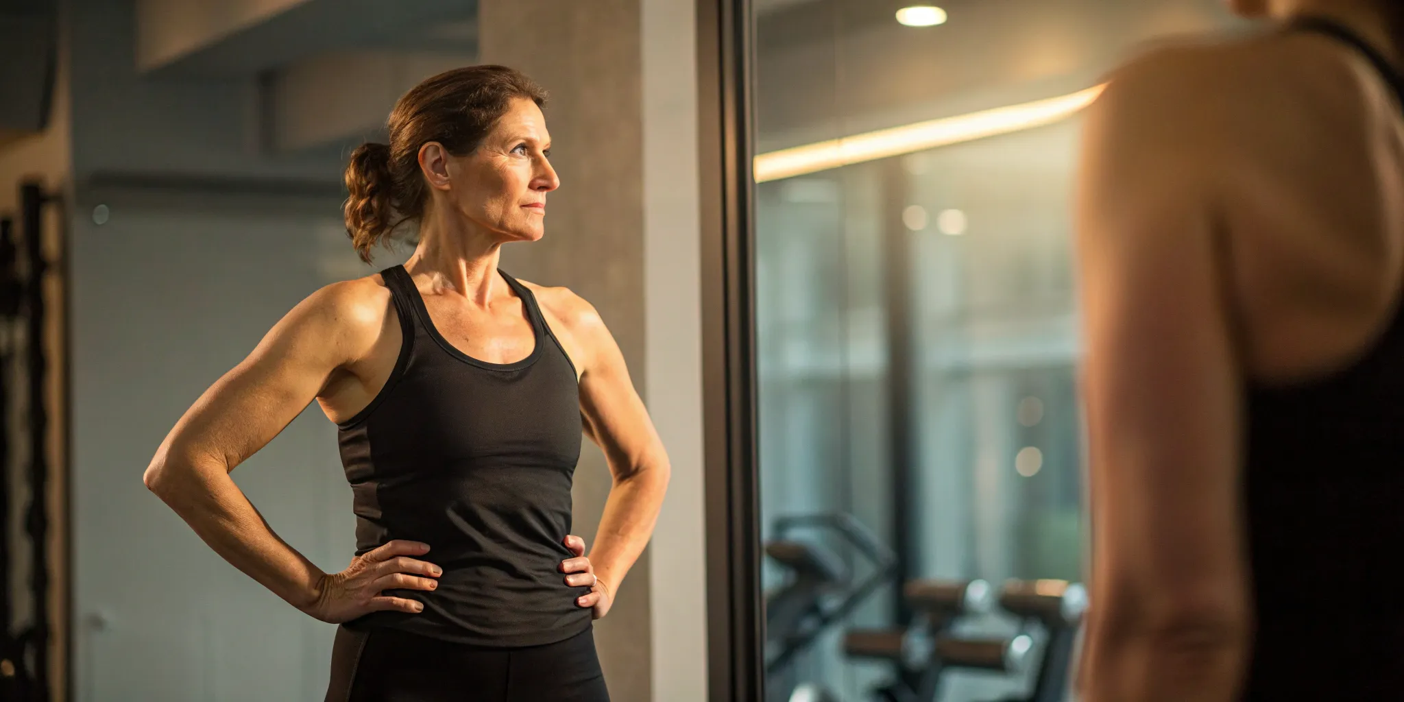 Woman in athletic wear seeing her tirzepatide weight loss results in a mirror.